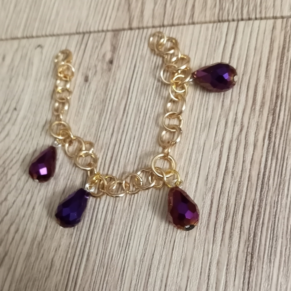 Hand crafted New gold chain charm bracelet and purple iridescent crystals